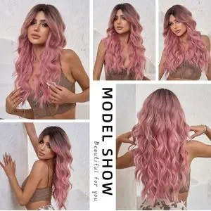 Pink Middle Part Hair | 26 Inch Ombre Pink To Pink Wavy Middle Part Synthetic Hair Wig ...